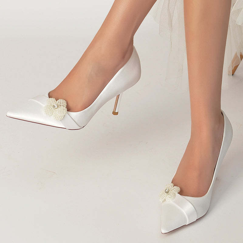 Elegant Closed-Toe High Heel Bridal Shoes for Women with Rhinestone and Pearl Flower