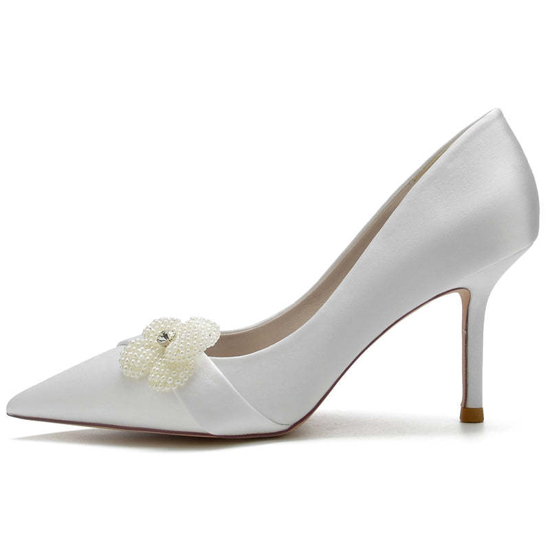 Elegant Closed-Toe High Heel Bridal Shoes for Women with Rhinestone and Pearl Flower