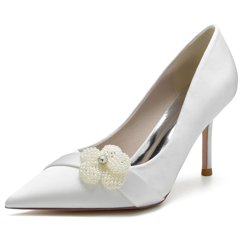 Elegant Closed-Toe High Heel Bridal Shoes for Women with Rhinestone and Pearl Flower