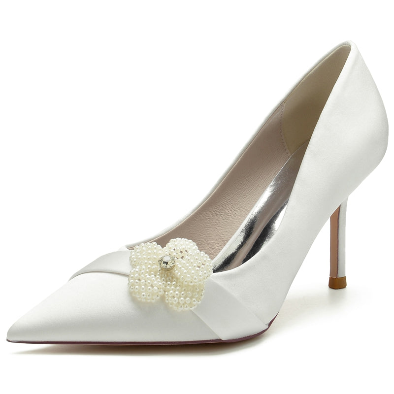 Elegant Closed-Toe High Heel Bridal Shoes for Women with Rhinestone and Pearl Flower