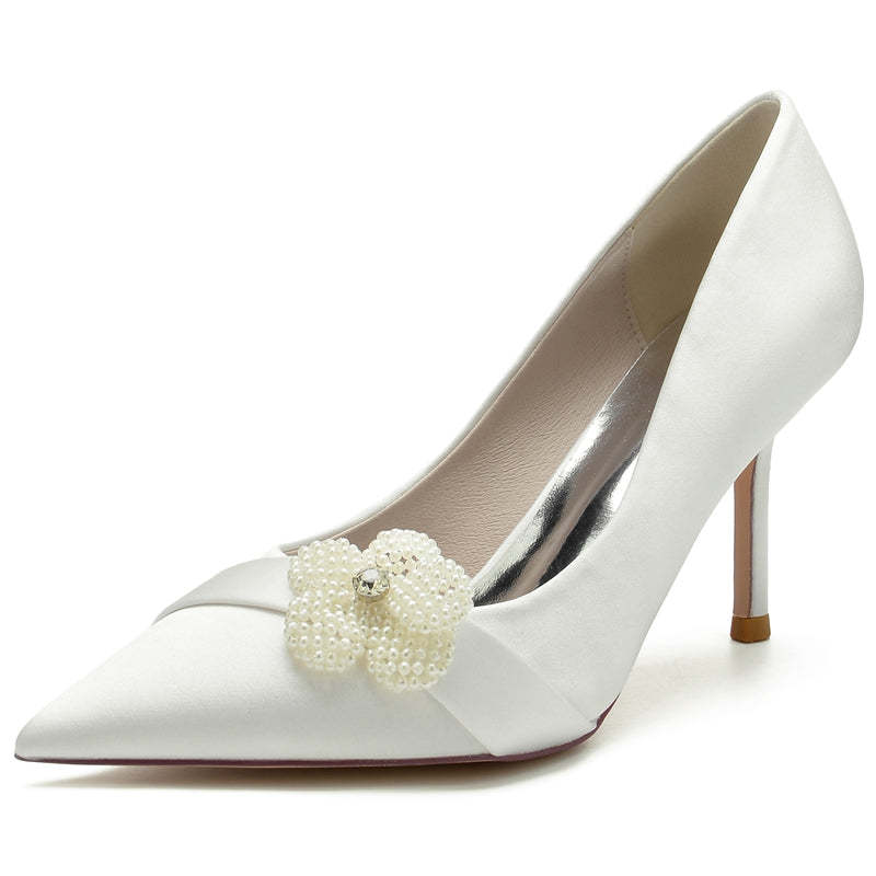 Elegant Closed-Toe High Heel Bridal Shoes for Women with Rhinestone and Pearl Flower