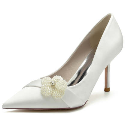 Elegant Closed-Toe High Heel Bridal Shoes for Women with Rhinestone and Pearl Flower