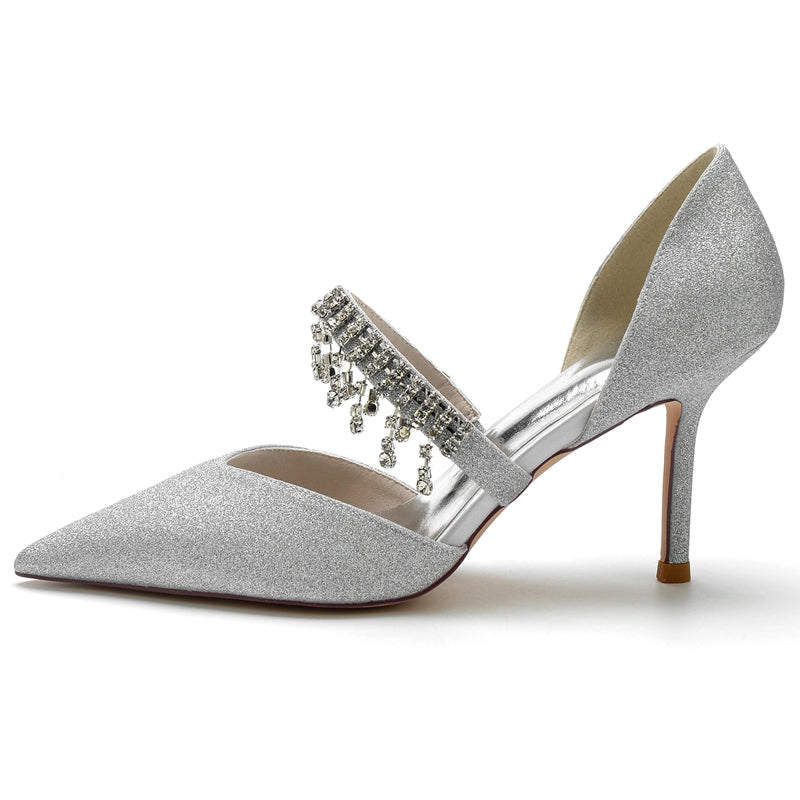 Silver High-End Bridal Shoes for Women with Rhinestone and Pointed Toe