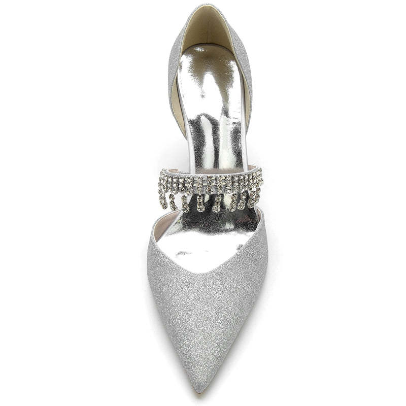 Silver High-End Bridal Shoes for Women with Rhinestone and Pointed Toe