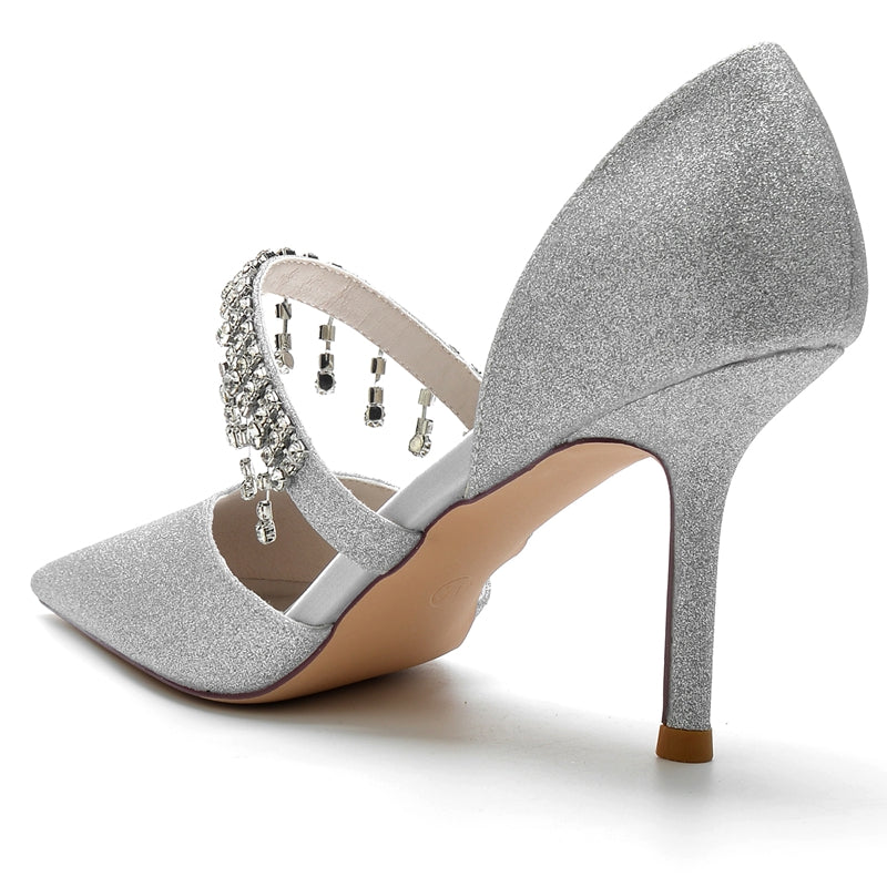 Silver High-End Bridal Shoes for Women with Rhinestone and Pointed Toe