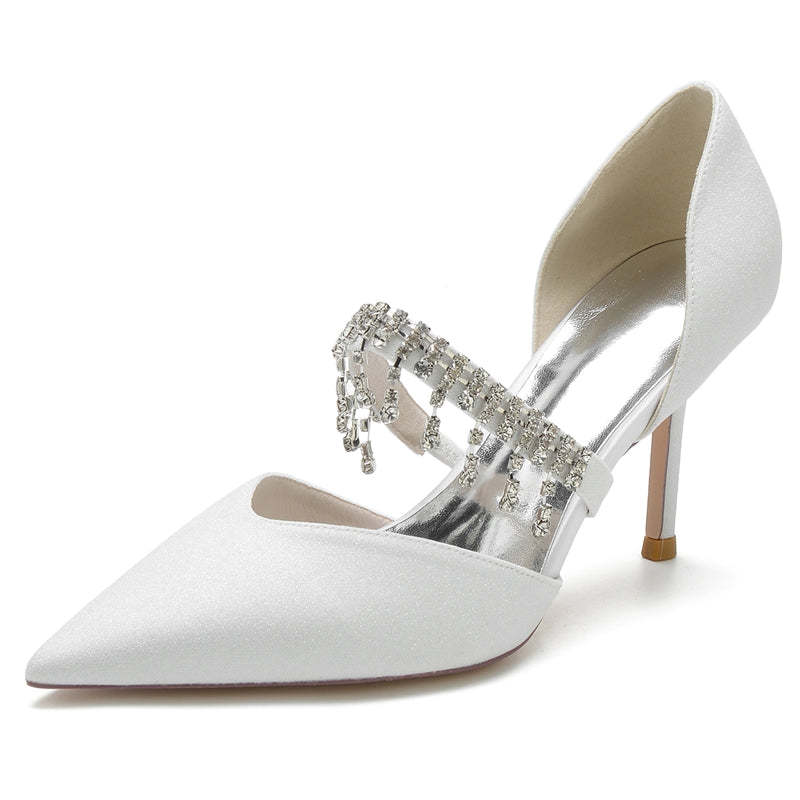 Silver High-End Bridal Shoes for Women with Rhinestone and Pointed Toe