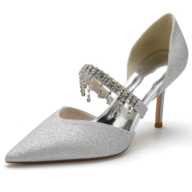Silver High-End Bridal Shoes for Women with Rhinestone and Pointed Toe