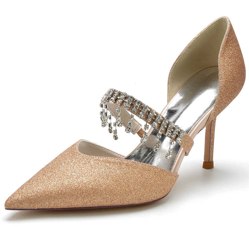 Silver High-End Bridal Shoes for Women with Rhinestone and Pointed Toe