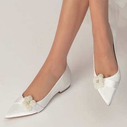 Ivory Bridal Shoes for Women: Pearl-Adorned Pointed-Toe Flats