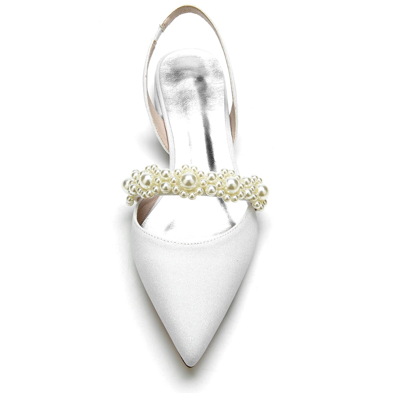 Elegant Closed-Toe Low-Heel Bridal Shoes for Women with Sparkling Buckle and Pearls