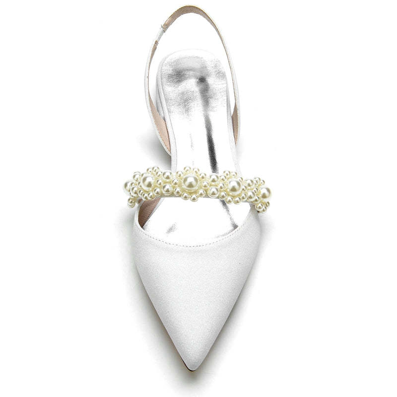 Elegant Closed-Toe Low-Heel Bridal Shoes for Women with Sparkling Buckle and Pearls