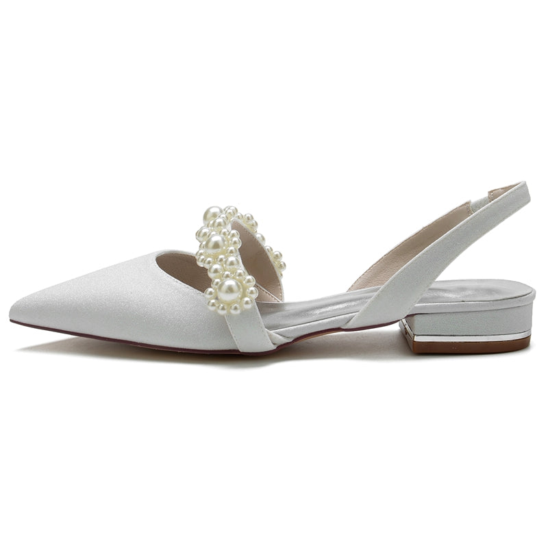 Elegant Closed-Toe Low-Heel Bridal Shoes for Women with Sparkling Buckle and Pearls