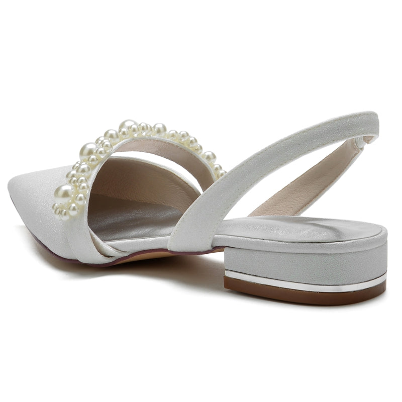 Elegant Closed-Toe Low-Heel Bridal Shoes for Women with Sparkling Buckle and Pearls