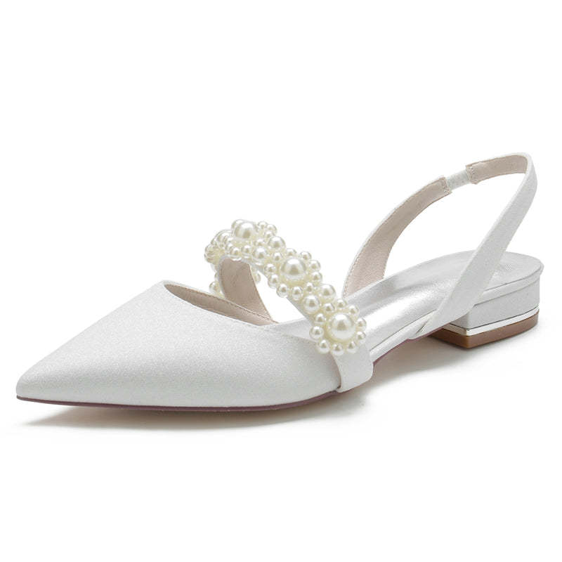 Elegant Closed-Toe Low-Heel Bridal Shoes for Women with Sparkling Buckle and Pearls