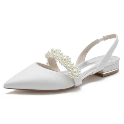Elegant Closed-Toe Low-Heel Bridal Shoes for Women with Sparkling Buckle and Pearls