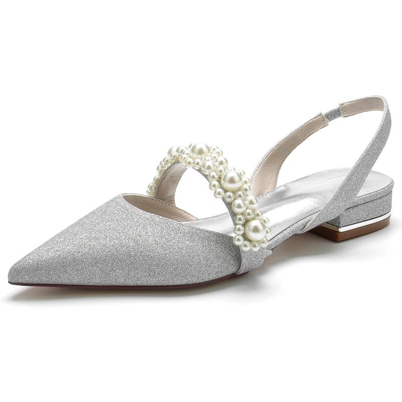 Elegant Closed-Toe Low-Heel Bridal Shoes for Women with Sparkling Buckle and Pearls