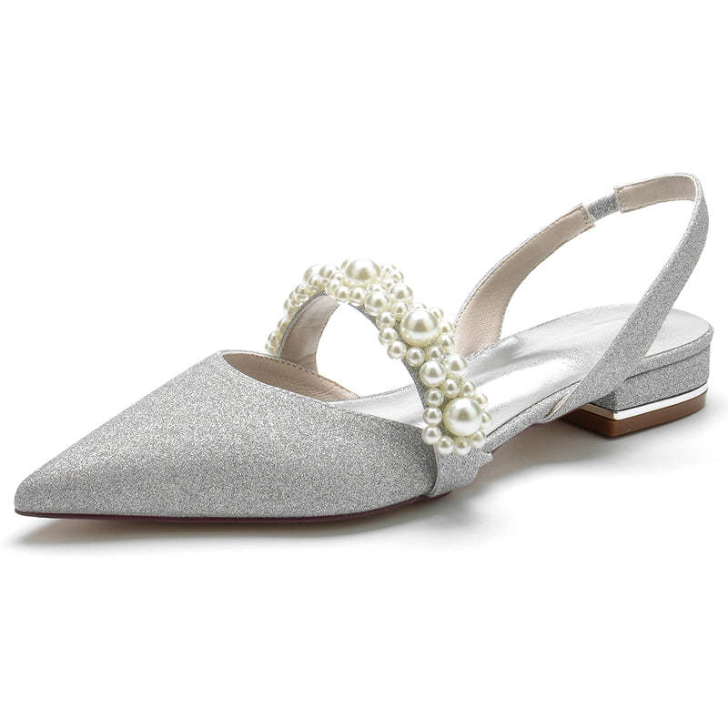 Elegant Closed-Toe Low-Heel Bridal Shoes for Women with Sparkling Buckle and Pearls