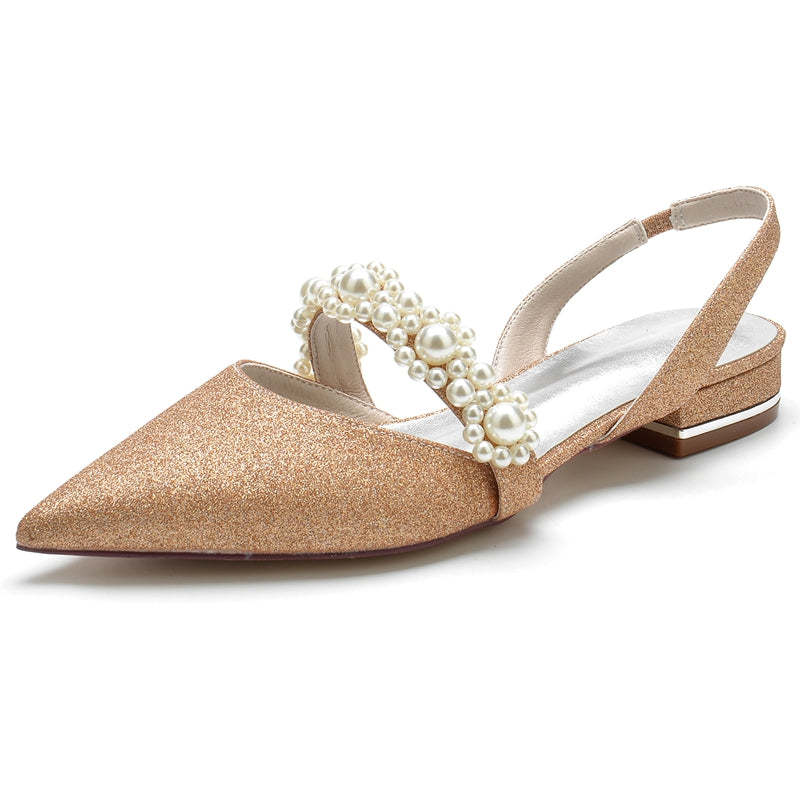 Elegant Closed-Toe Low-Heel Bridal Shoes for Women with Sparkling Buckle and Pearls