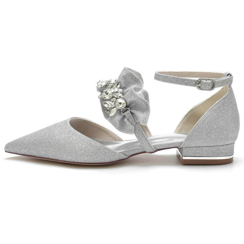 Elegant Bridal Shoes for Women with Rhinestone Buckles and Ruffled Pointed Toes