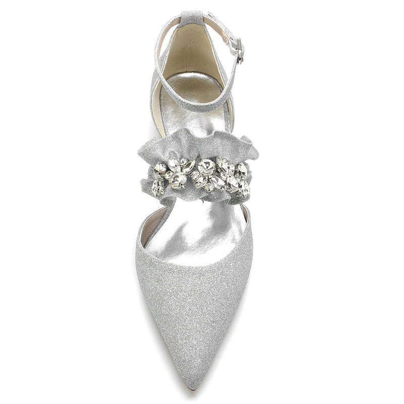 Elegant Bridal Shoes for Women with Rhinestone Buckles and Ruffled Pointed Toes