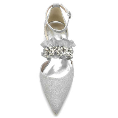 Elegant Bridal Shoes for Women with Rhinestone Buckles and Ruffled Pointed Toes