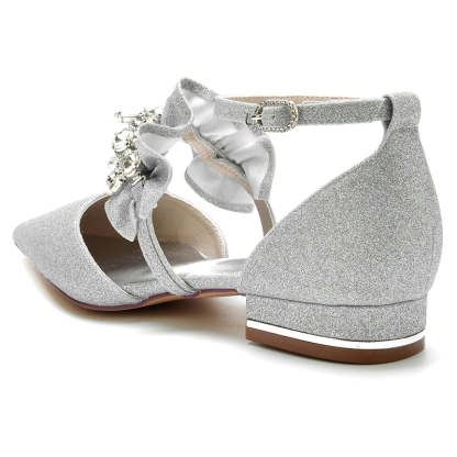 Elegant Bridal Shoes for Women with Rhinestone Buckles and Ruffled Pointed Toes