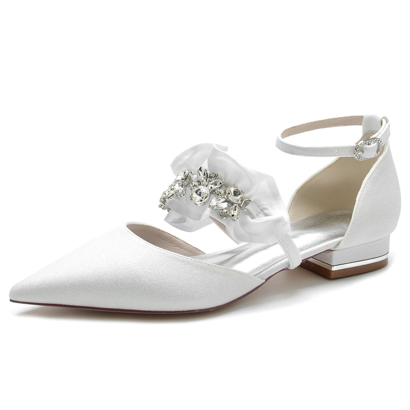 Elegant Bridal Shoes for Women with Rhinestone Buckles and Ruffled Pointed Toes