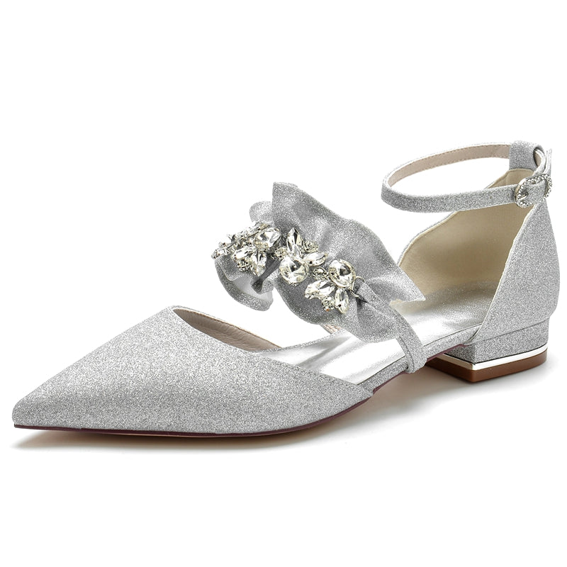 Elegant Bridal Shoes for Women with Rhinestone Buckles and Ruffled Pointed Toes