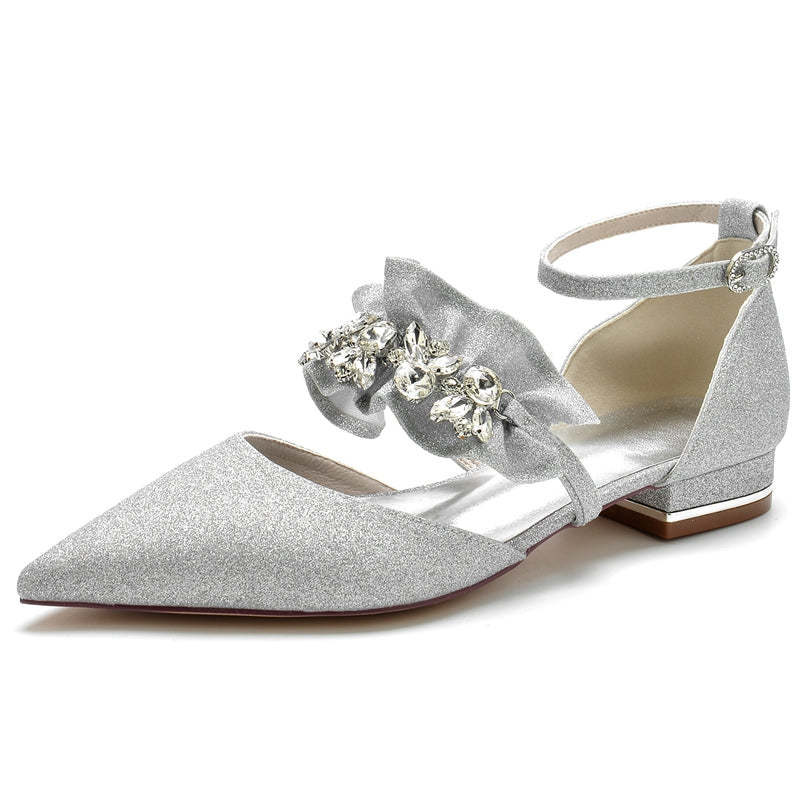 Elegant Bridal Shoes for Women with Rhinestone Buckles and Ruffled Pointed Toes