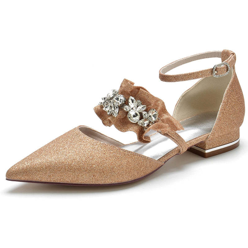 Elegant Bridal Shoes for Women with Rhinestone Buckles and Ruffled Pointed Toes