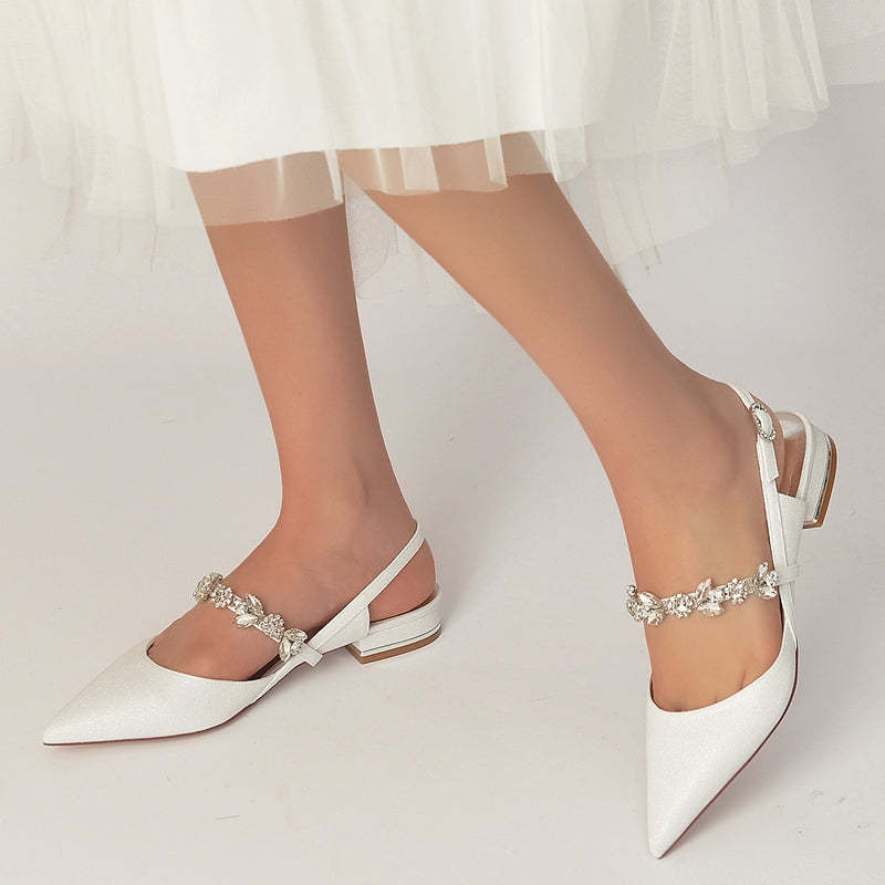 Elegant Bridal Shoes for Women with Pointed Toe Square Heel and Rhinestone Buckle