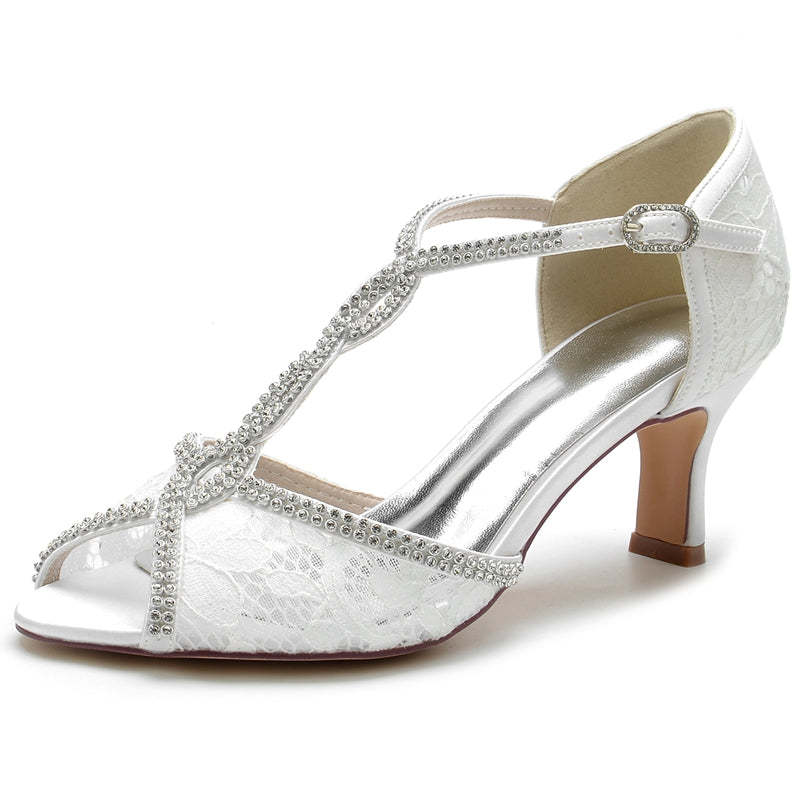 Retro High-end Women's Bridal Shoes with Opened Toe and Crossed Crystal Buckle