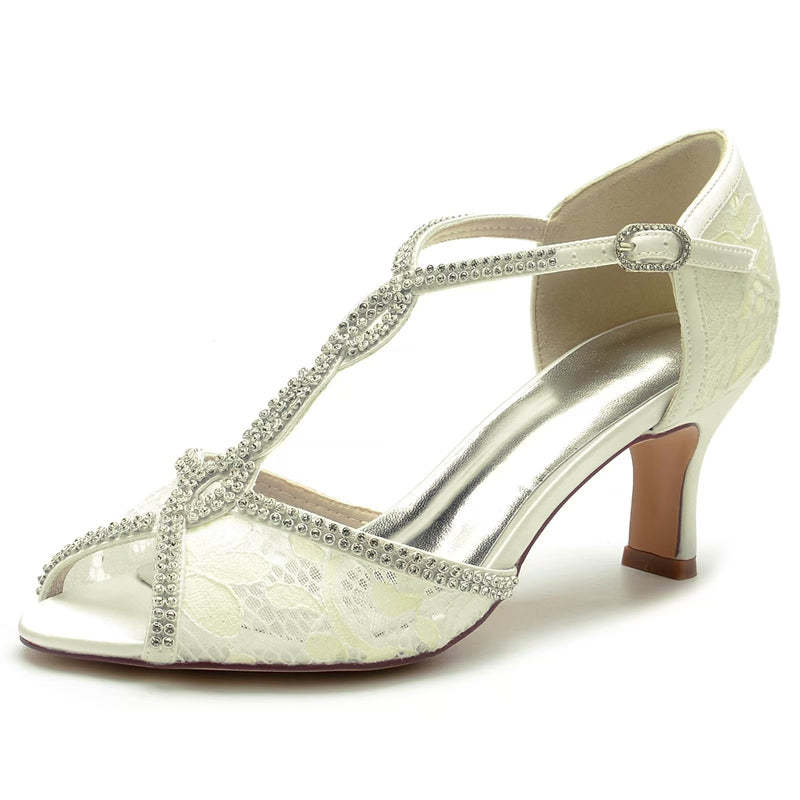 Retro High-end Women's Bridal Shoes with Opened Toe and Crossed Crystal Buckle