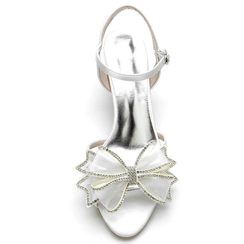 White Mid Heel Bridal Shoes for Women with Crystal Accents and Bow