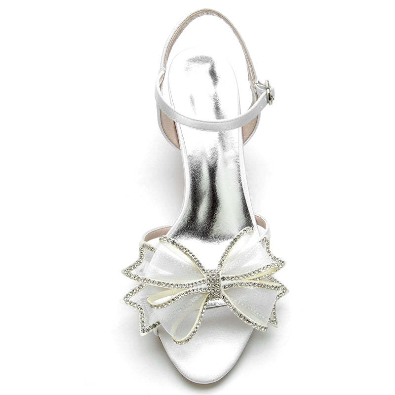 White Mid Heel Bridal Shoes for Women with Crystal Accents and Bow
