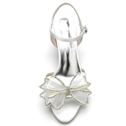 White Mid Heel Bridal Shoes for Women with Crystal Accents and Bow