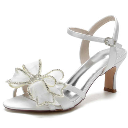White Mid Heel Bridal Shoes for Women with Crystal Accents and Bow