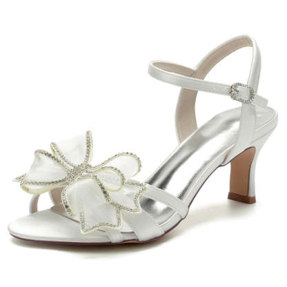 White Mid Heel Bridal Shoes for Women with Crystal Accents and Bow