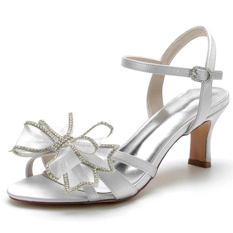 White Mid Heel Bridal Shoes for Women with Crystal Accents and Bow