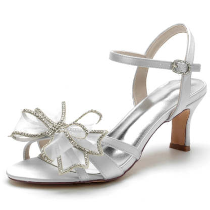 White Mid Heel Bridal Shoes for Women with Crystal Accents and Bow