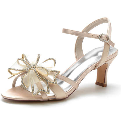 White Mid Heel Bridal Shoes for Women with Crystal Accents and Bow