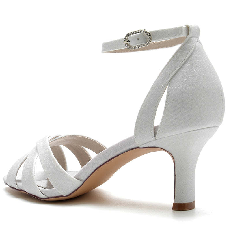 Elegant Women's Bridal Shoes with Crossed Straps and Buckle Mid Heel Opened Toe