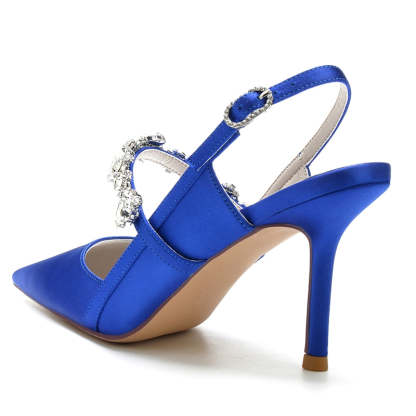 Royal Blue Stiletto Heel Bridal Shoes with Rhinestone Buckle and Pointed Toe for Women