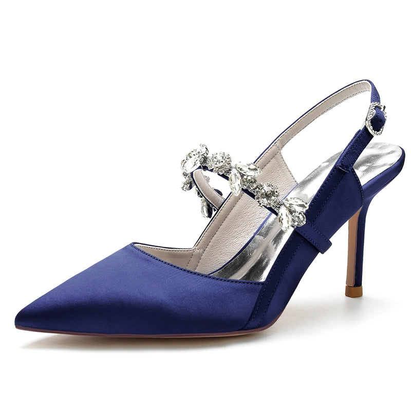 Royal Blue Stiletto Heel Bridal Shoes with Rhinestone Buckle and Pointed Toe for Women