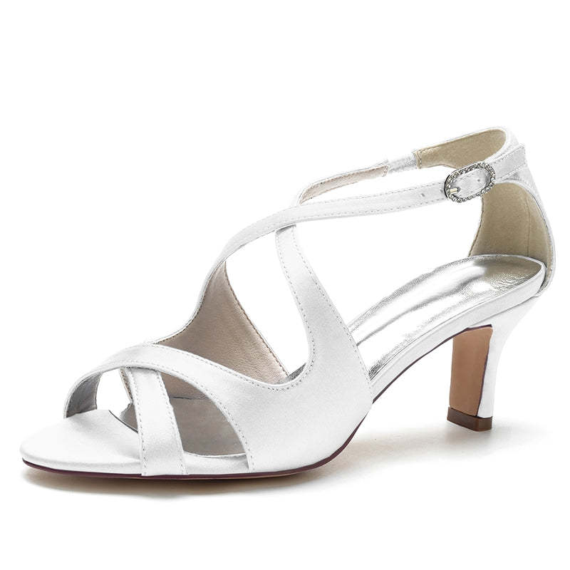 Bridal Shoes for Women with Crossed Straps and Buckle Simple Open Toe Mid Heel