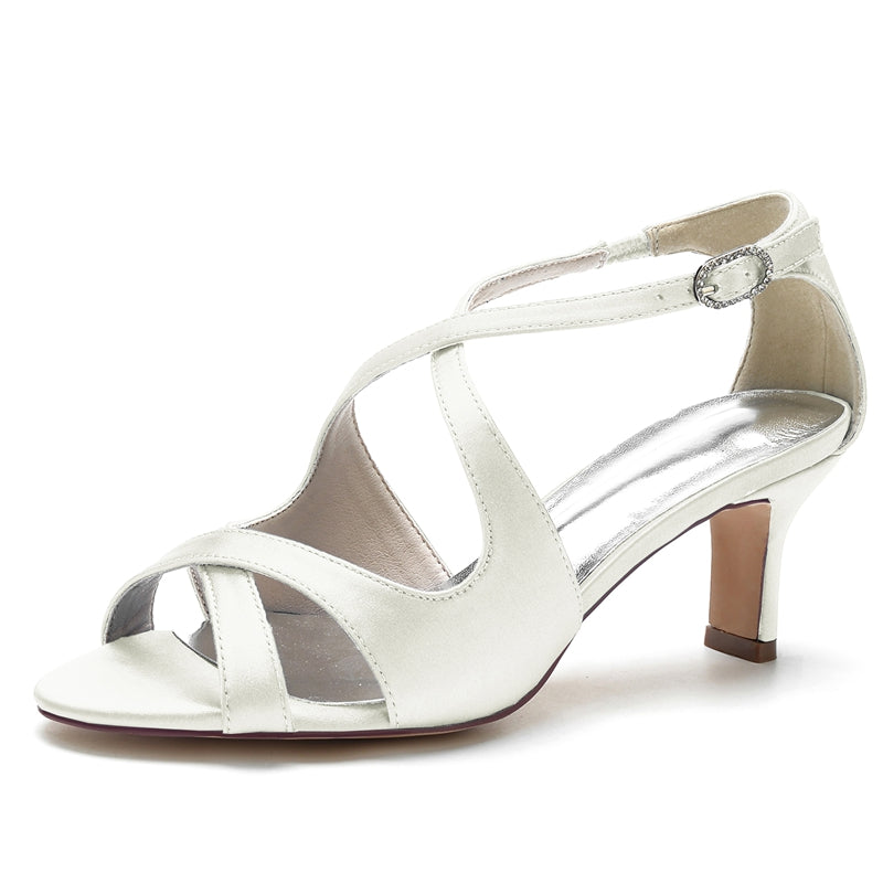 Bridal Shoes for Women with Crossed Straps and Buckle Simple Open Toe Mid Heel