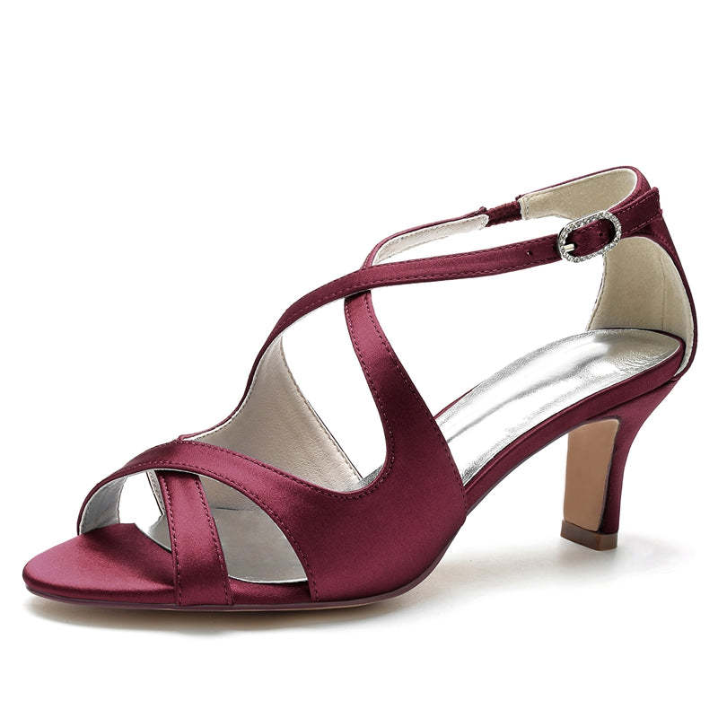 Bridal Shoes for Women with Crossed Straps and Buckle Simple Open Toe Mid Heel