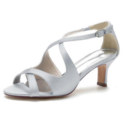 Bridal Shoes for Women with Crossed Straps and Buckle Simple Open Toe Mid Heel