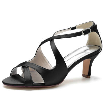 Bridal Shoes for Women with Crossed Straps and Buckle Simple Open Toe Mid Heel