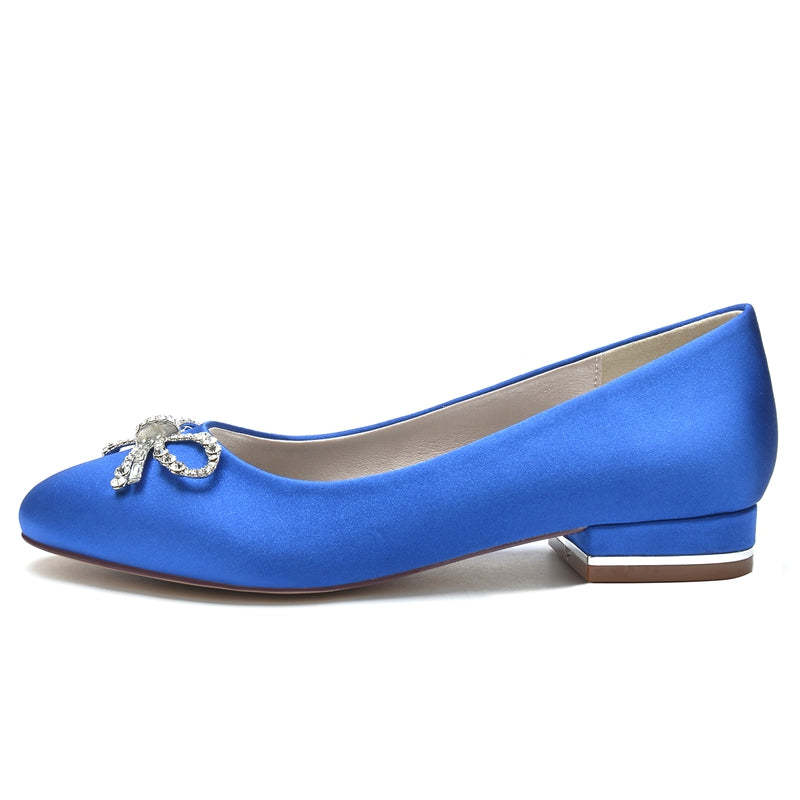 Elegant Round Toe Bridal Shoes for Women with Bow and Rhinestone Flat Heel